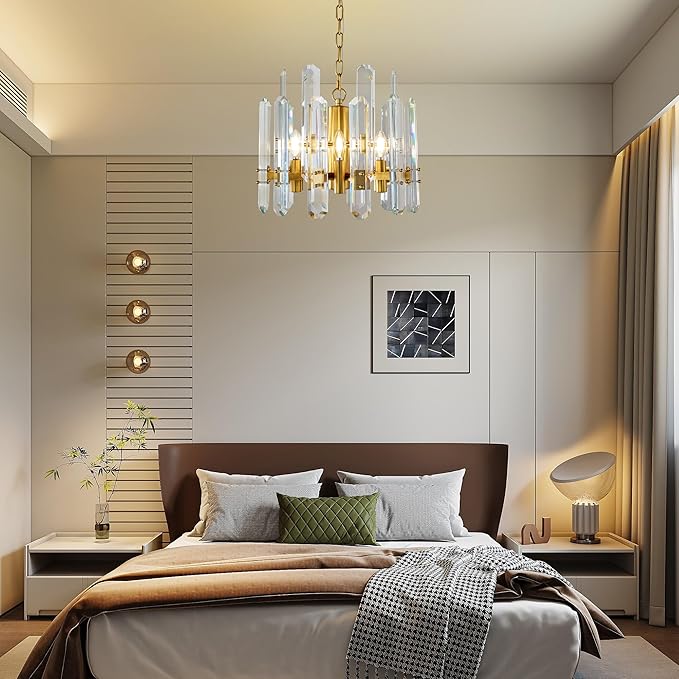 18" Modern Crystal Chandelier, 6-Light Luxury Gold Chandelier for Dining Room, Living Room, Bedroom, Foyer, Kitchen, Restaurant, Contemporary Round Adjustable Chain Chandeliers K9 Light Fixture