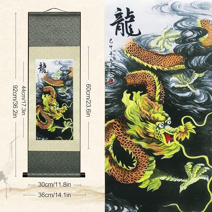 Chinese Landscape Painting Asian Wall Art Silk Scroll Painting Chinese Dragon Decoration Scroll Wall Five Paws Golden Dragon Decor Posters for Room Aesthetic Gallery Wall 36.2 x 12 in(L1)