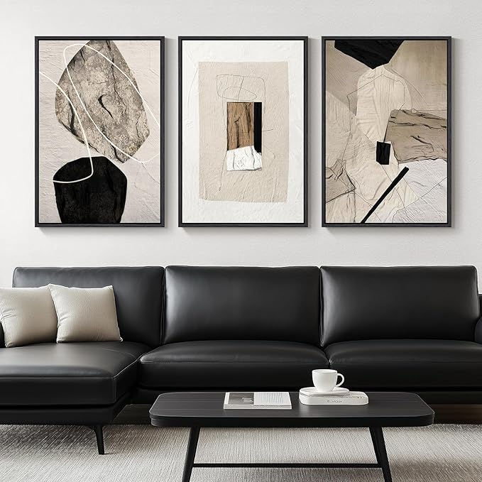 Large Framed Neutral Abstract Wall Art for Living Room, 3 Piece Modern Canvas Prints Paintings Artwork for Walls, Black and Beige Pictures for Living Room Hallway Stair Office Wall Decor 24x36 Inch