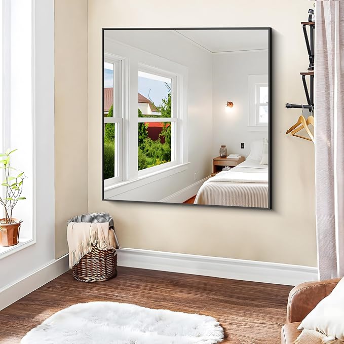 KOCUUY Black Square Mirror, 42"x42" Bathroom Mirrors for Over Sink, Large Black Wall Mounted Mirror, Metal Framed Mirror for Wall, Vanity Mirror for Bathroom Living Room Bedroom Dining Room