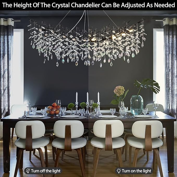 Modern Black Rectangle Crystal Tree Branch Chandelier, 55" 16-Light K9 Crystal Chandeliers for Dining Room, Rectangular Dining Room Chandelier Over Table,for High Ceiling,Kitchen