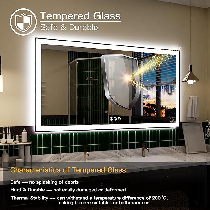 LED Bathroom Mirror 55x40 with Backlit and Front Lighted, Framed Dimmable Illuminated Mirror for Wall Anti-Fog Shatterproof (Horizontal/Vertical)