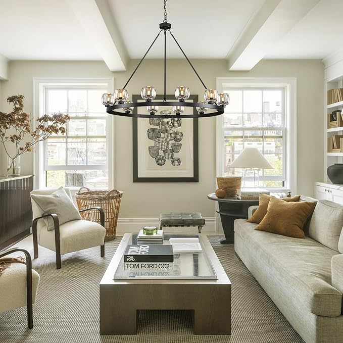 Black Wagon Wheel Chandelier, 48 Inch Black Chandeliers with Unique Glass Shade, 12-Light Crystal Large Wagon Wheel Chandeliers for Dining Room, High Ceiling Round Chandelier for Living Room, Foyer