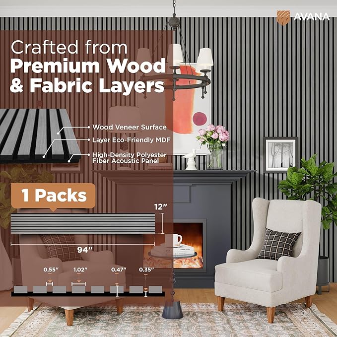 Avana Modern Acoustic Wood Wall Panels – 94.4 X 12.59 Inch Gray Oak Acoustic Panels 1 PC – Wall Panels For Interior Wall Decor For Homes, Offices, Studios – Sturdy And Durable Wood Panels For Wall