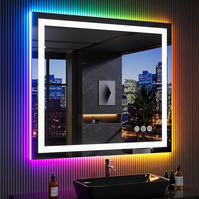 LOAAO 40"X36" LED Bathroom Mirror with Lights, Anti-Fog, Dimmable, RGB Backlit + Front Lighted, Bathroom Vanity Mirror for Wall, Memory Function, Waterproof, Tempered Glass