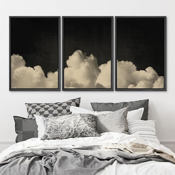 MUDECOR Framed Canvas Print Wall Art Dramatic Cloudscape Black and Beige Sky Illustrations Realism Decorative for Living Room, Bedroom, Office - 16"x24"x3 Black