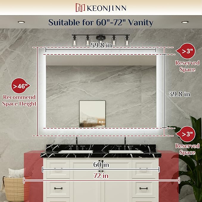 Keonjinn Bathroom Mirror with Lights 60 x 40 Inch, LED Mirror with Backlit, Anti Fog Lighted Mirror with Stepless Dimmable, UL Listed LED Driver, Waterproof, CRI90+, HD Tempered Glass