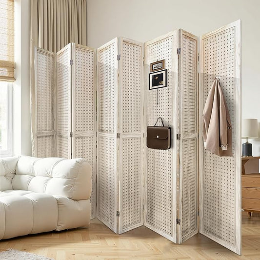 8 Panel Room Divider with Pegboard Display 5.6FT Wood PegBoard Room Dividers, Folding Privacy Screens Portable Freestanding Partition Wall Divider for Art Shows & Room Separation, Natural Wood