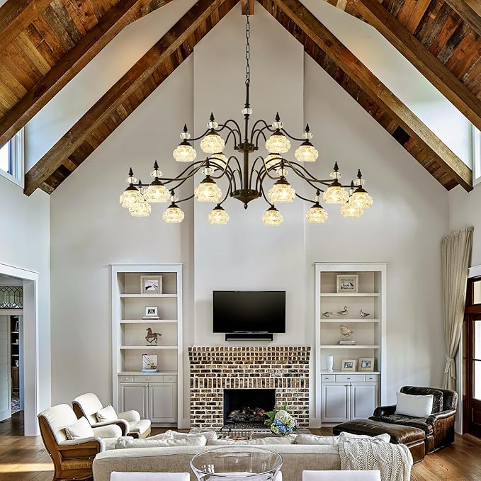 49 Inch 2 Tier Vintage Black Chandelier for Dining Room, 18-Light Antique Pendant Light Crystal Glass Shade, Modern Farmhouse Chandeliers for Foyer, High Ceiling, Hallway