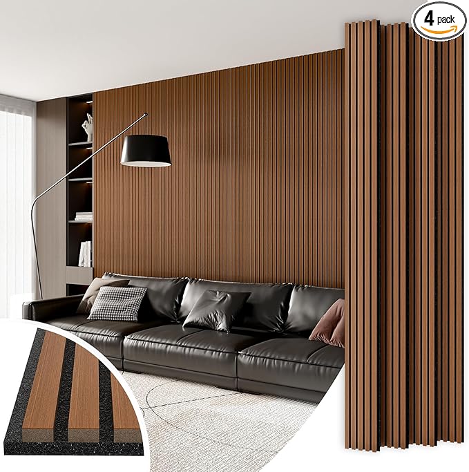 4 Panel Wood Slat Acoustic Panel 94" x8" for Sound Absorbing, Soundproof Wood Slat Panel Cover 21 Sq.Ft, 3D Fluted Sound Absorbing Paneling for Wall Decor, Living Room, Bedroom, Walnut