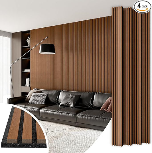 4 Panel Wood Slat Acoustic Panel 94" x8" for Sound Absorbing, Soundproof Wood Slat Panel Cover 21 Sq.Ft, 3D Fluted Sound Absorbing Paneling for Wall Decor, Living Room, Bedroom, Walnut