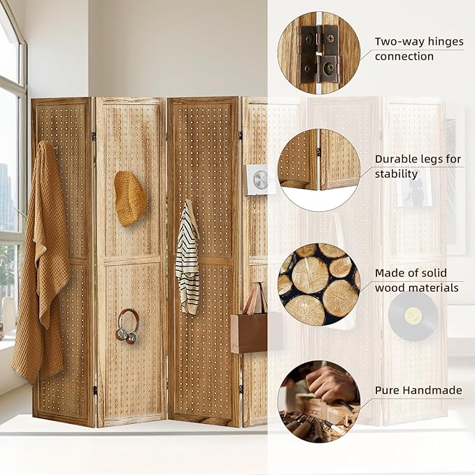 6 Panel Pegboard Display with 24 Hooks, Pegboard Room Divider and Folding Privacy Screens, Partition Room dividers, Wooden Room Divider Wall, Jewelry Store, Bedroom, Balcony, Light Brown