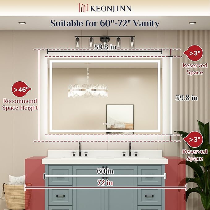Keonjinn 60" x 40" Lighted Mirror for Bathroom Wall, LED Mirror with Frontlit & Backlit, Large Bathroom Mirror with Lights, Dimmable 3-Color Lights, HD Tempered Glass, UL-Listed LED Driver