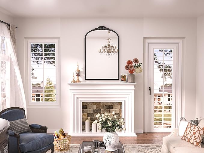 Keonjinn Antique Arched Mirror - 24" x 36", Black Vintage Wall Mirror with Metal Frame, Baroque Arch Design, Decorative for Mantle, Bathroom, Living Room, Hallway, Fireplace