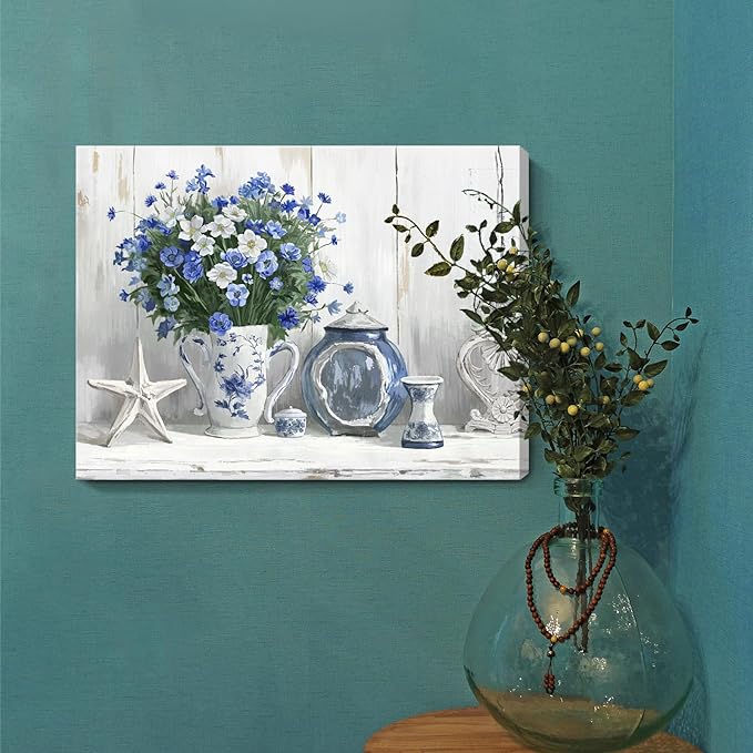Nicetop Bathroom Decor Wall Art Vintage Coastal Picture Blue and White Anemone Flowers in Vase with Starfish and Bottle Pottery Canvas Print Rustic Country Farmhouse Artwork for Bedroom 16x12 Inch