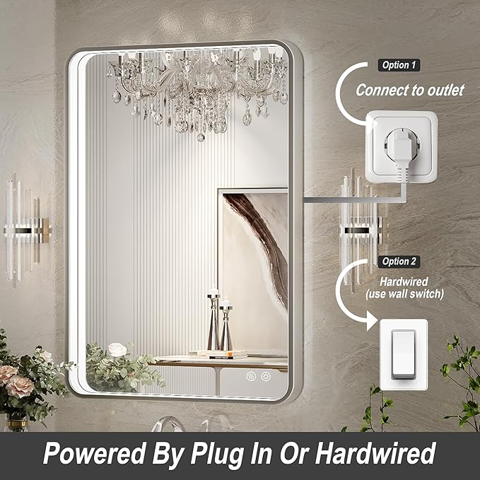 28x36 Inch LED Mirror for Bathroom,Brushed Sliver Metal Frame Lighted Vanity Mirror, Anti Fog Stepless Dimmable,Wall Mounted(Horizontal/Vertical)