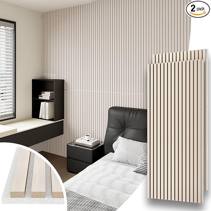 2 Panel Wood Slat Acoustic Panel 48" x24" for Sound Absorbing, Soundproof Wood Slat Panel Cover 16 Sq.Ft, 3D Fluted Sound Absorbing Paneling for Wall Decor, Living Room, Bedroom, White Oak