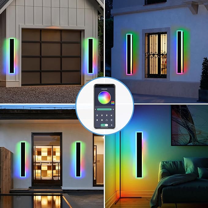 MELUCEE 2 Pack 40in Long Outdoor LED Wall Lights IP65 Waterproof Modern RGB Exterior Wall Light Fixture Black for Courtyard Garage Patio Porch, Remote Control Included