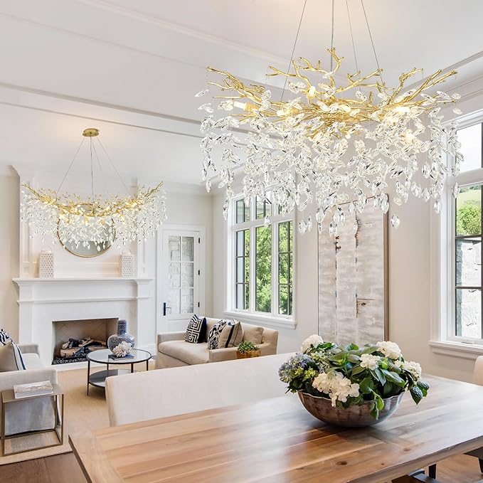 Modern Crystal Chandelier Gold Tree Branch Chandelier 23.6" Luxury Gold K9 Crystal Chandeliers 6-Light Ceiling Hanging Chandeliers for Dining Room Kitchen Island Foyer
