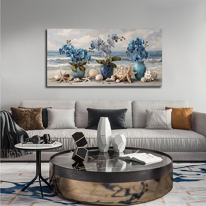 Large Beach Wall Art Blue Wall Decor Floral Canvas Art Coastal Seascape Ocean Pictures Flower Vase Poster Starfish Conch Shell Print Art for Bedroom Bathroom Living Room Office 24"x 48"