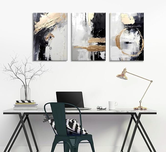 3pcs Framed Black White Gold Canvas Wall Art Abstract Geometric Textured Posters Prints Pictures Paintings with Faux Stucco Finish Modern Beige Minimalist Wall Decor for Living Room Bedroom Bathroom