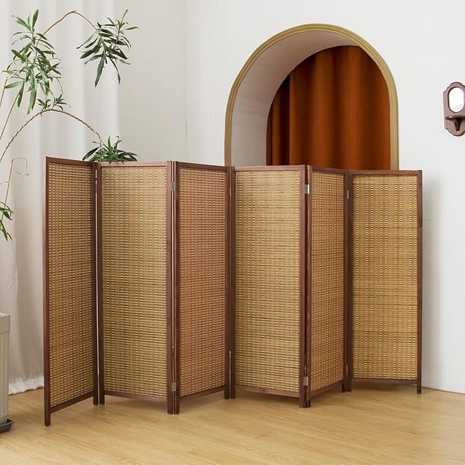6 Panel Short Panel Divider Screen,3.95 FT Tall Bamboo Room Divider Folding Privacy Screen,Short Panel Divider Freestanding Room Divider for Room Seperation,Brown