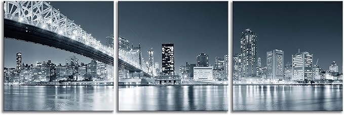 New York City Skyline Panoramic Canvas Art Black and White Brooklyn Bridge Night Scene 3 Panel Modern Urban Landscape Wall Decor Skyscrapers Reflection Print Living Room Office Bedroom Home Decoration