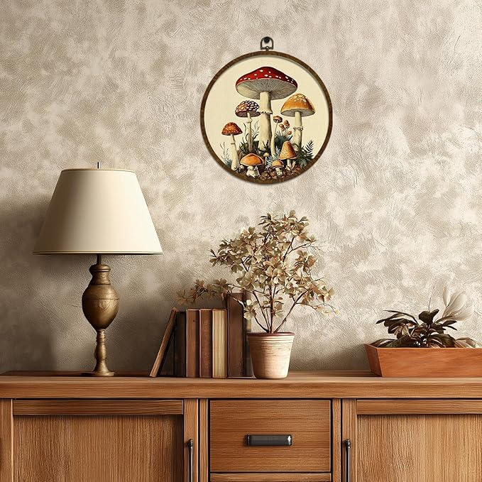 KLYTINK Vintage Fantasy Mushroom Wall Art, Round Canvas Wall Hanging Decor, Fantasy Forest Botanical Illustration, for Living Room,Bedroom,office 10x10 Inch(MG03)