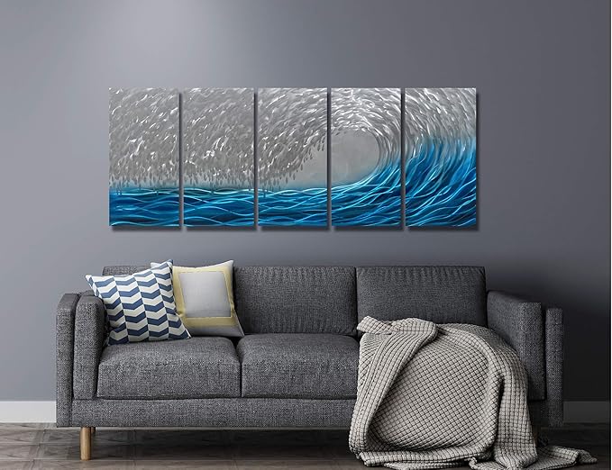 BATRENDY ARTS Handmade Silver and Blue Waves Metal Wall Art 3D Decorative Hanging Artwork Large Home Decor in Ocean Design for Office Living Room Decoration