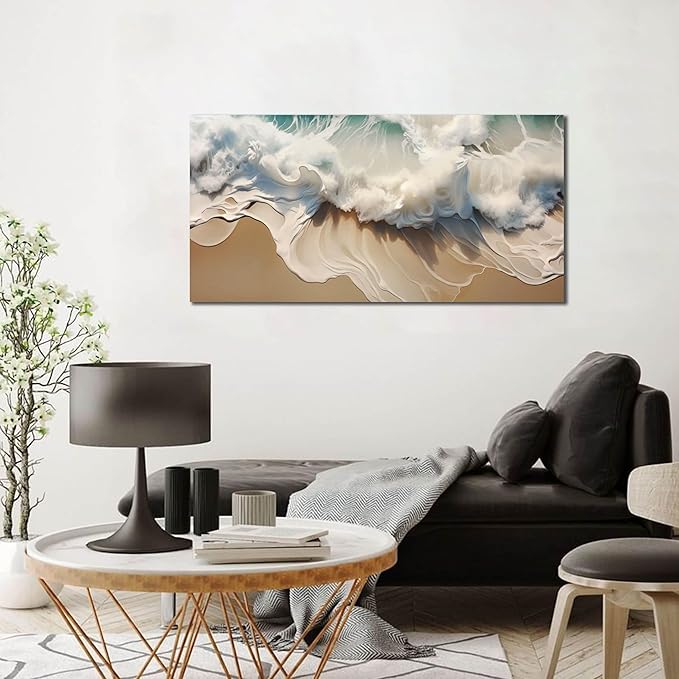 Ocean Waves Canvas Wall Art for Living Room, Beach Scenery View Home Decor Picture, Sea Waves Canvas Wall-Decoration, Seaside Scene Decorative Print Artwork for Office Bedroom, Size 40x20 Inches