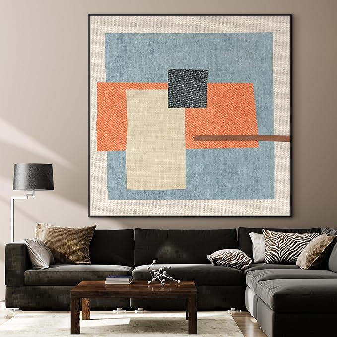 60"x60" XL Framed Wall Art - Color Block in Orange, Blue & Cream (Frame Assembly Required)