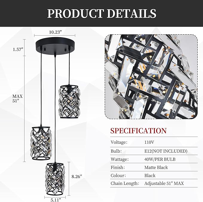 Black Crystal Pendant Light for Kitchen Island, Adjustable Hanging Chandelier with Ambient Lighting, 51 Inch Chain, E12 Base, Plated Modern Farmhouse Fixture for Dining Room, Bedroom, Living Room