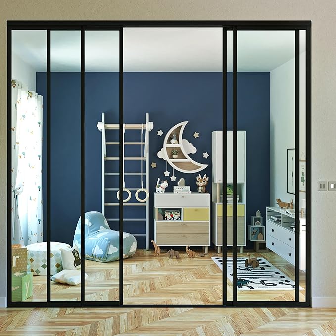 4 Panel Glass Room Divider and Sliding Glass Closet Doors - Smoked Frosted Partition Wall - Clear, Smoked and Frosted Glass Sliding Doors Options (Clear Glass, 96x96)