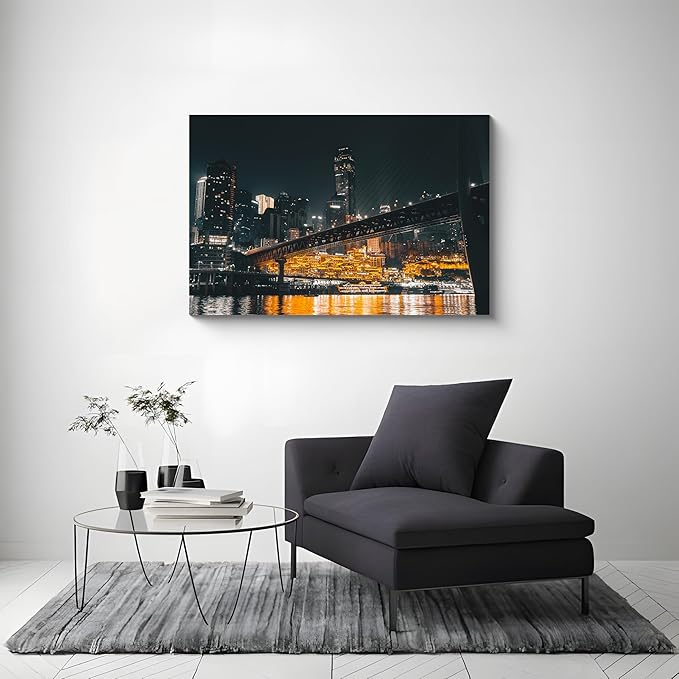 NAN Wind 1PCS Chongqing City Nightscape Canvas Wall Art Illuminated Chinese Skyline with Bridge Skyscrapers Modern Urban Landscape Photography Print for Living Room Office Bedroom Decor