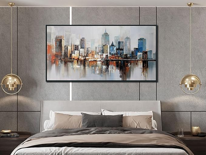 Arjun NYC Skyline Wall Art Framed Canvas Modern New York Abstract Cityscape Painting, Brooklyn Bridge Textured Picture for Living Room Bedroom Home Office Wall Decor, Large Black Wood 40"x20"