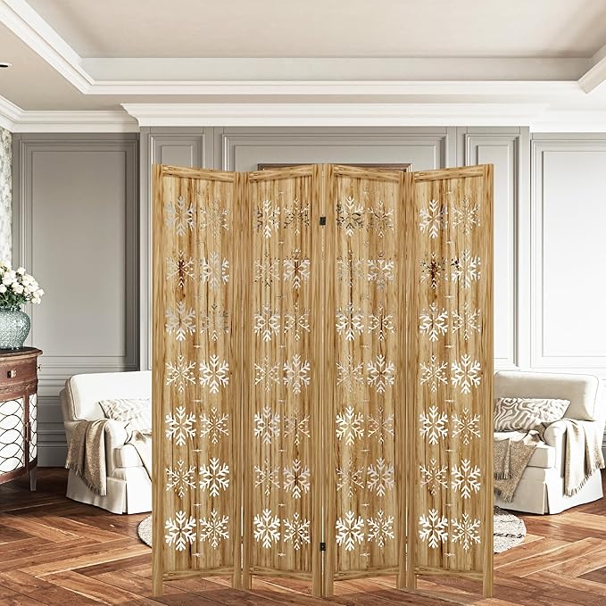 Casaphoria 4 Panels Room Divider, Folding Screen Room Divider with Snowflake Pattern for Home Office, Restaurant and Bedroom, Paulownia Wood, 66" W x 67" H (Natural)