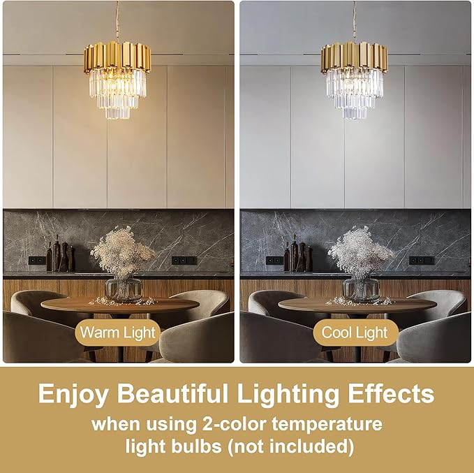 3-Tier 15.8" Modern Gold Crystal Chandelier, 5-Light Round K9 Crystal Pendant Light Fixture for Dinning Room, Kitchen Island, Bedroom, Living Room, Foyer, Entryway