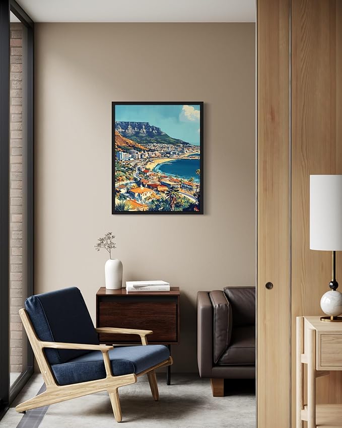 Cape Town South Africa Wall Art Poster Print, Vintage Retro Landscape Scenery Painting Artwork Travel Prints Decor Cityscape Landmarks Gallery 27 (Cape Town South Africa, 18 x 24 inches, Black Frame)