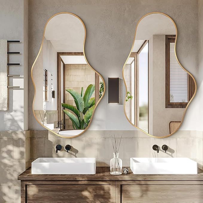 Mirror Full Length - Wall Mirrors Decorative 26"x 43" Asymmetrical Abstract Aviation Aluminum Alloy Frame Unique for Bathroom, Bedroom, Living Room, Cloakroom, Entryway Gold