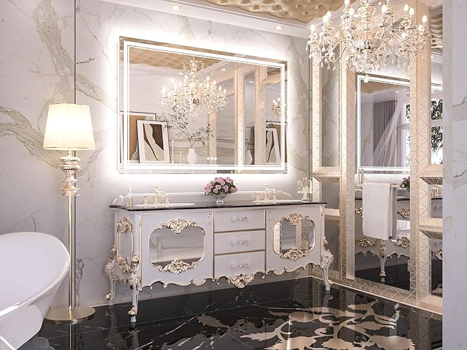Keonjinn LED Bathroom Mirror 60" x 40" with Frontlit and Backlight, Tempered Glass Stepless 3 Colors Temperature & Dimmable Vanity Mirror, UL Listed LED Driver, Double Lights Anti-Fog Wall Mirror