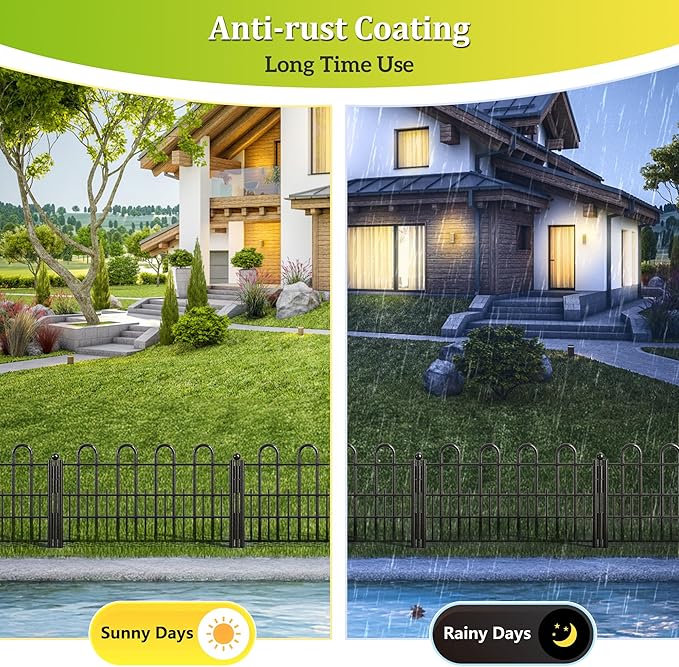 Bepatio Decorative Garden Fence Animal Barrier with Gate, 11.8in (H) x 16ft (L) 10 Panels Dog Fence Outdoor for Yard, Heavy Duty Metal Fence Border, Flower Bed, Easy Setup, Black