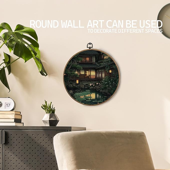 KTYHD Japanese Japandi Wall Art Decor, Traditional Japanese Garden Round Canvas Wall Art, Oriental Landscape Aesthetic Pond Scenery Walls Decor for Living Room Bedroom, Japandi Home Decor