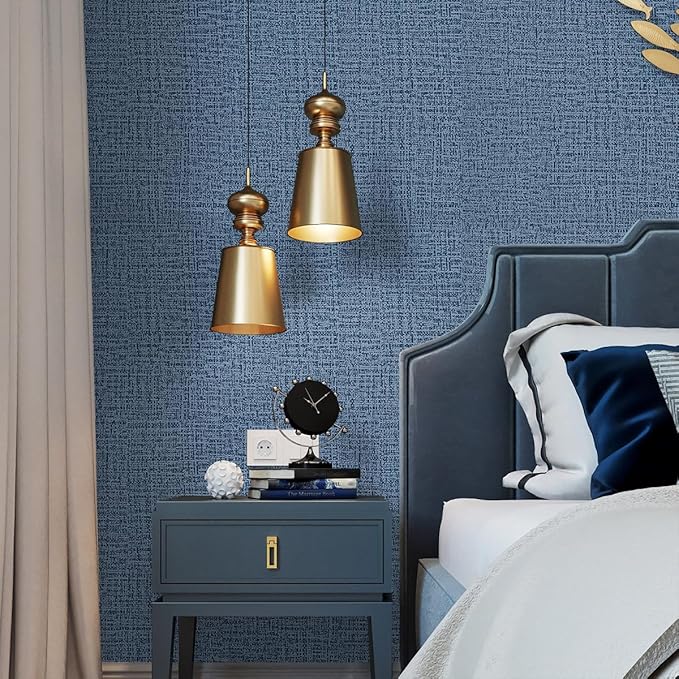 Blue Wallpaper Grasscloth Peel and Stick Wallpaper 17.7inch x 393.7inch Textured Wall Paper Stick and Peel Blue Contact Paper Grasscloth Faux Linen Removable Navy Waterproof Self Adhesive Vinyl