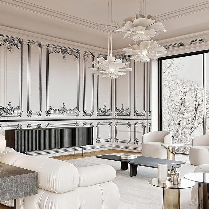 Large 3D Peel and Stick French Wallpaper Mural 148" W x 98" H Classic Black and White Interior Wall with Mouldings Mural Vintage Architectural Wallpaper for Bedroom TV Background Living Room
