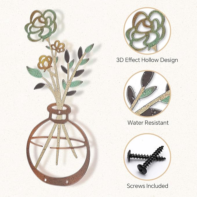 Mcdagogn 3 Pieces Metal Flowers Wall Decor - Rustic Farmhouse Wall Arts, Boho floral Minimalist Wall Decor for Living room Bathroom Bedroom laundry Room Kitchen Office - Housewarming Gifts