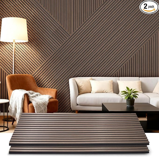 Acoustic Wood Slat Panels 2 Pack 47.6" x 23.6", Soundproof Wooden Wall Panels, 3D Fluted Panel for Interior Wall Decor, Living Room, Bedroom - Walnut (Cover Approx. 16 sq.ft)