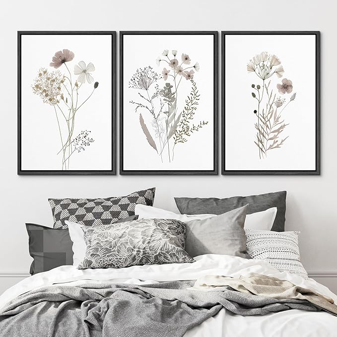 MUDECOR Framed Canvas Print Wall Art Watercolor Wildflower Art Print, Floral Botanical Prints, Minimalist Art, Modern Farmhouse for Bedroom - 16"x24"x3 Black