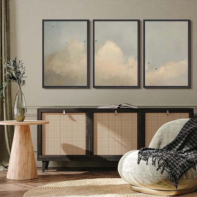 MUDECOR Framed Wall Art Print Set Minimalist Serene Sky with Birds Illustrations Modern Art Boho Decorative Colorful Chic for Living Room, Bedroom, Office - 24"x36"x3 Black