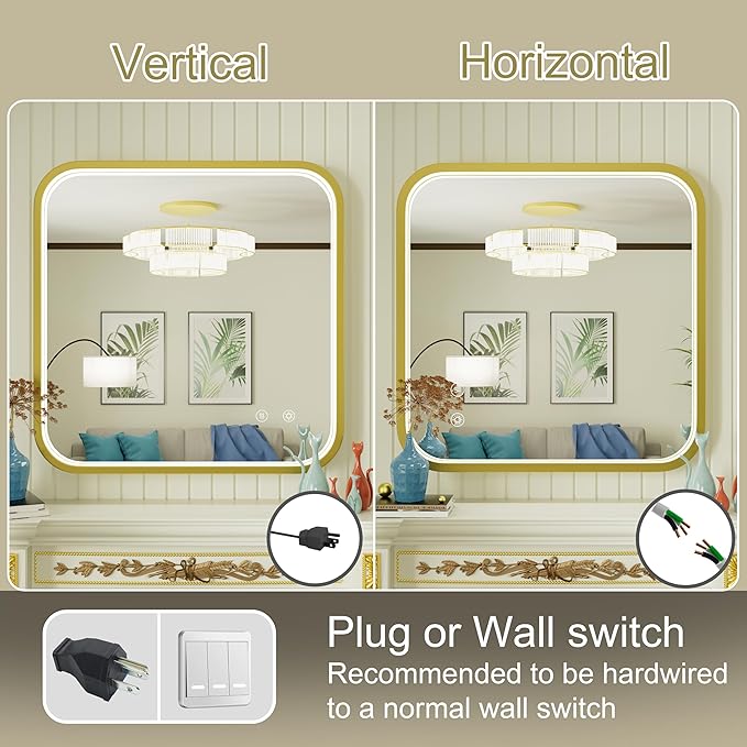 30x30 Inch Gold LED Mirror for Bathroom, 3000K/4500K/6000K, Framed Lighted Bathroom Vanity Mirror with Lights, Anti-Fog, Stepless Dimmable, Memory, Wall Mounted, Horizontal/Vertical