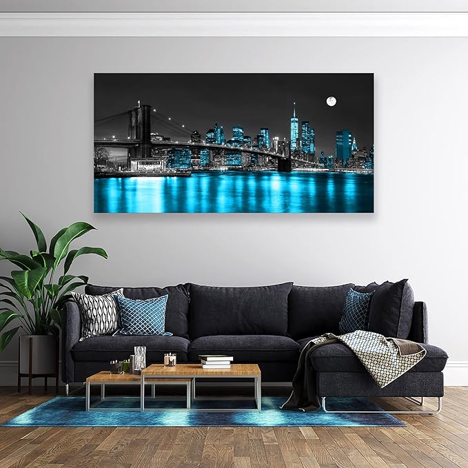 Aibonnly Wall Art Canvas Painting Black White and Blue New York Brooklyn Bridge 1 Piece Cityscape Night Building Picture Poster Print Framed for Living Room Bedroom Kitchen Office Home Decor